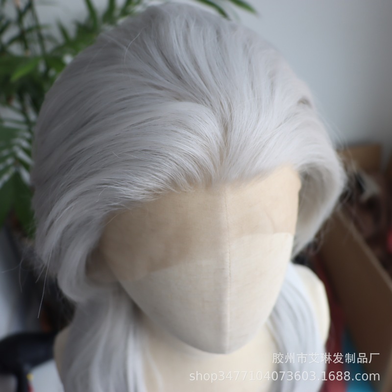 European and American Best-Selling Gray Wolf Tail Chemical Fiber Lace Wig Headgear White Front Lace Straight Hair High Temperature Silk Export Special