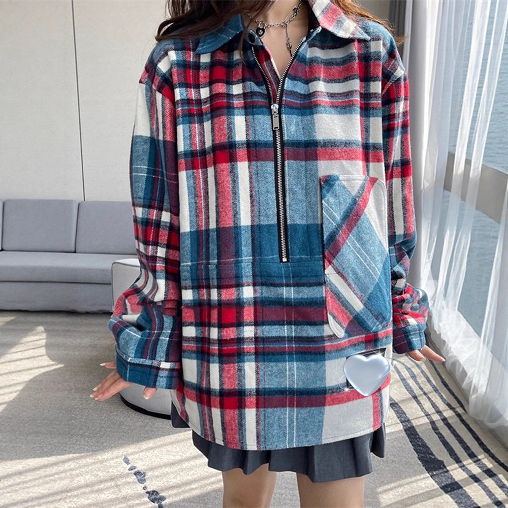 WE家半拉链羊毛格子衫外套 杨幂娜娜GD同款羊绒条纹衬衫上衣