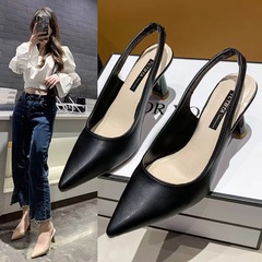 2025 春夏の新しいポインテッドトゥハイヒールの女性のスティレットヒール包頭サンダル空のバック浅い口のシングルシューズ女性のファッショナブルで多用途