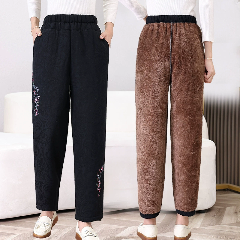 Брюки из хлопка для людей среднего и пожилого возраста, зимняя одежда, утолщенные женские брюки на флисовой подкладке, женские брюки 60 лет, брюки для мам, теплые брюки с вышивкой 70 лет