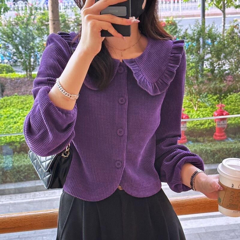 Shirt Women's Design High-End Autumn Niche Doll Collar New Cardigan French Gentle and Unique Short Top