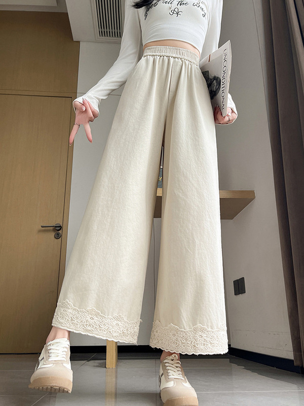 女性のための小さなレースステッチワイドレッグパンツ 2025 夏の新しいハイウエストスリムソリッドカラーカジュアルストレートパンツ|undefined