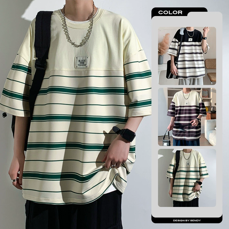 Мужская летняя полосатая футболка с короткими рукавами Hong Kong Wind ins модная мода с круглым вырезом с пятью рукавами
