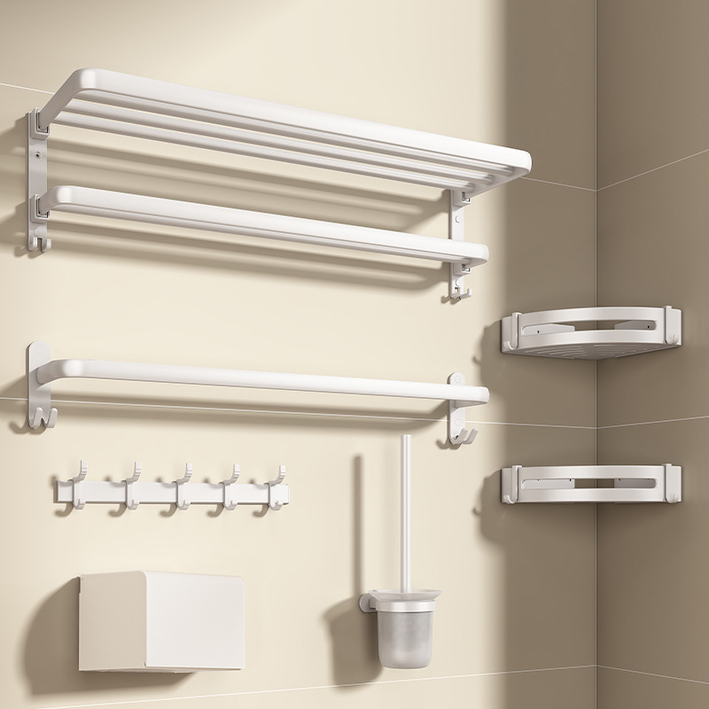 White Towel Rack Toilet Punch-free Foldable Bathroom Rack Wall-mounted Toilet Space Aluminum Bath Towel Rack