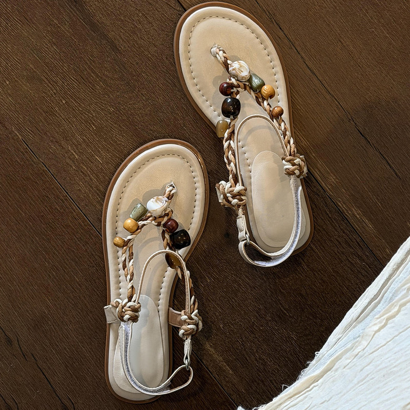 Soft Leather Version~Bohemian Resort Style Flip-Flop Sandals for Women with Skirts, Soft-Soled, Gentle, Open-Toe, Flat Roman Shoes