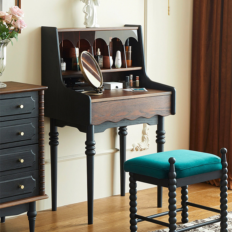 프랑스 복고풍 단단한 나무 드레싱 테이블 작은 아파트 침실 현대 간단한 침대 옆 테이블 저장 랙 골동품 메이크업 테이블