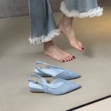 法式蝴蝶结包头凉鞋女夏2025新款后绊带浅口坡跟绒面气质尖头单鞋