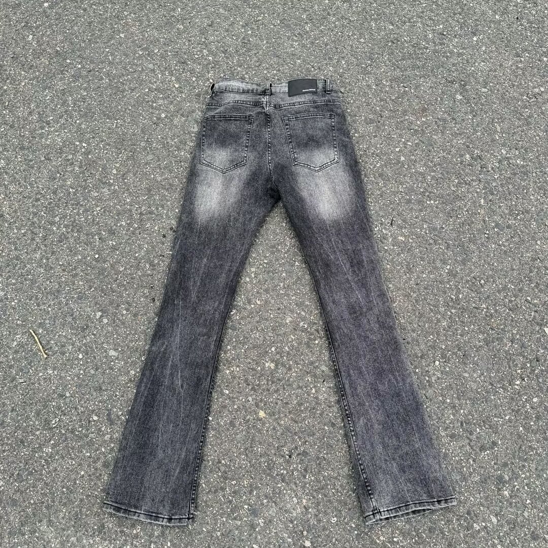 Men's High Street Washed Black Fleece Lined Jeans Straight Leg Slim Fit Slightly Flared Stretch Pants_mkmklike.com
