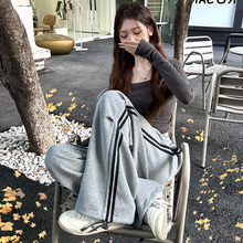 美式条纹速干运动长裤女夏薄2025新款高腰休闲风百搭阔腿裤