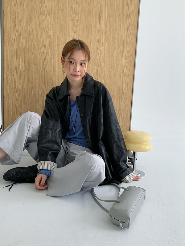 苏奈 韩系复古翻领单排扣长袖皮衣外套女秋宽松百搭上衣fromanna|undefined