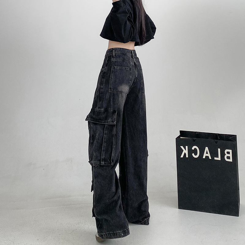 기모 두꺼운 거리 뜨거운 소녀 청바지 여성의 가을과 겨울 2024 새로운 느슨한 스트레이트 플로어 트렌디 한 작업복