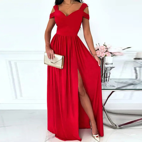 Bestselling European and American Women's Fashion Long Dress with Print V-neck, Elegant, Sleeveless, Sexy, Slit Dress