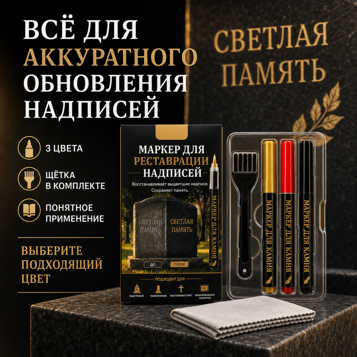 Tombstone touch-up paint pen set with cleaning brush and cloth for repairing faded inscriptions on monuments and marble
