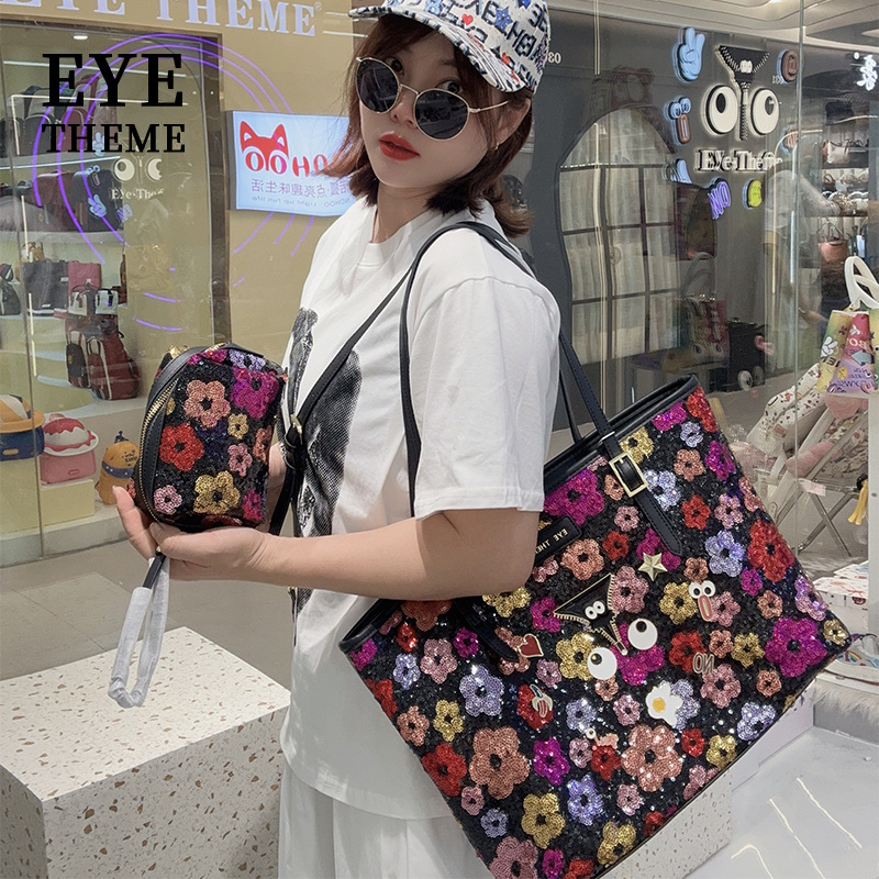 Bolso con cremallera de lentejuelas bordado casual de tres piezas para mujer de gran capacidad