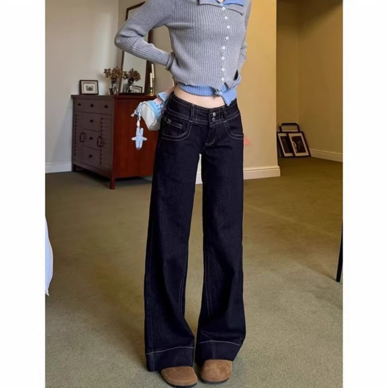 Commuter Street Style Double-Button Straight-Leg Jeans for Women, New Spring and Autumn Slim-Fit Fashion Casual Floor-Length Jeans Trendy