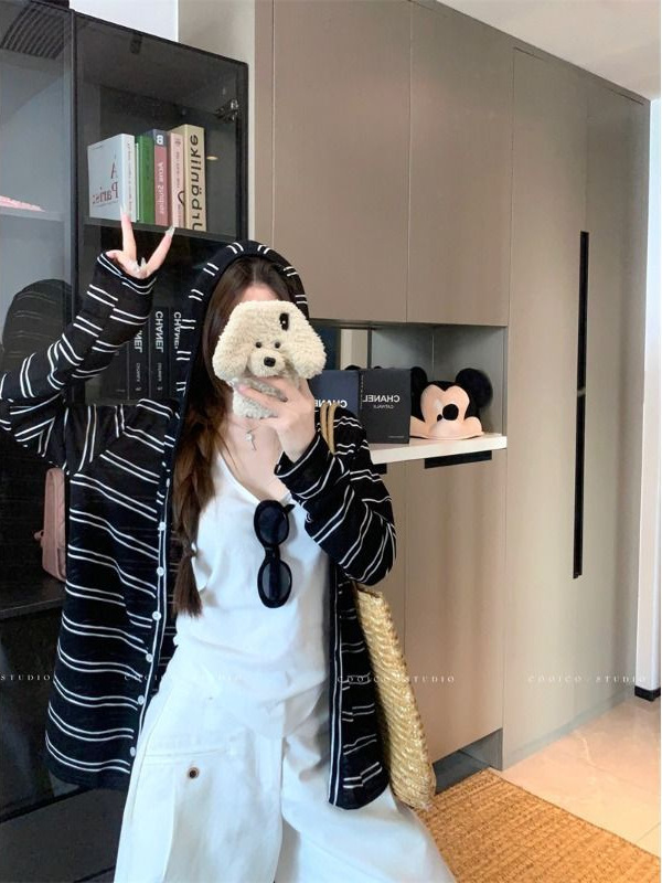 野媛慵懒风条纹连帽长袖外套女早秋防晒罩衫小众休闲宽松拉链上衣|undefined