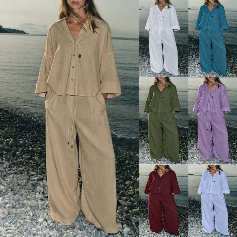 2026 Cross-Border Casual Independent Website Women's Clothing Aliexpress Amazon Foreign Trade New Women's Shirt Solid Color Set