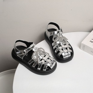 Korean Style Girl's Woven Sandals Bow Princess Roman Shoes Summer 2025 New Style Girl's Beach Shoes Thick Sole Non-slip