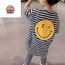 春夏儿童新款t裙t恤女童条纹打底衫女宝宝洋气中长款短袖T裙子潮