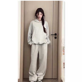 美式国潮运动服套装女春秋休闲慵懒风宽松连帽卫衣长裤时尚两件套