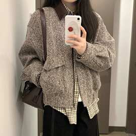 美式复古翻领夹克外套女学生秋季新款设计感宽松百搭休闲棒球服潮