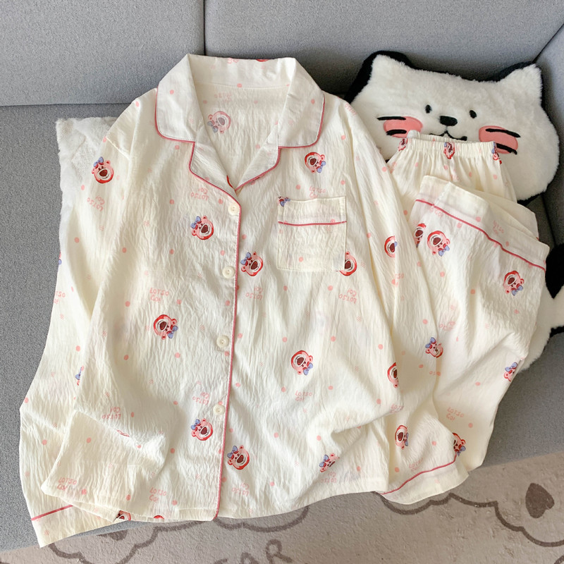 工厂直销云朵棉新款睡衣女长袖长裤开衫翻领卡通大码家居服套装|undefined