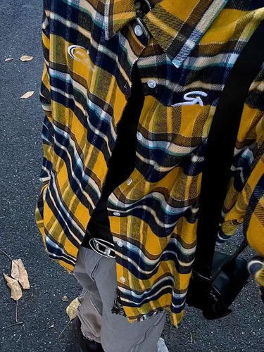 American Retro Color Blocking Plaids Long-Sleeve Striped Shirt for Men and Women Loose Casual Trend Brand Couple Fringe Shirt with Embroidery