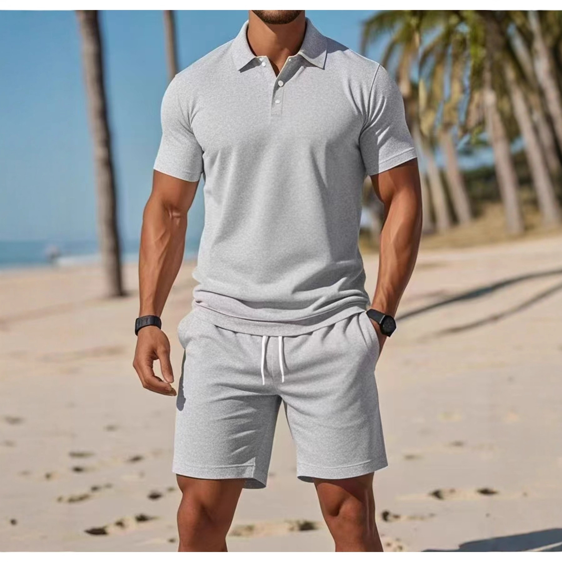 Cross-Border Export Summer New Men's Polo Shirt Suit Casual Sports Versatile Slim Short-Sleeved Fashion Suit for Men