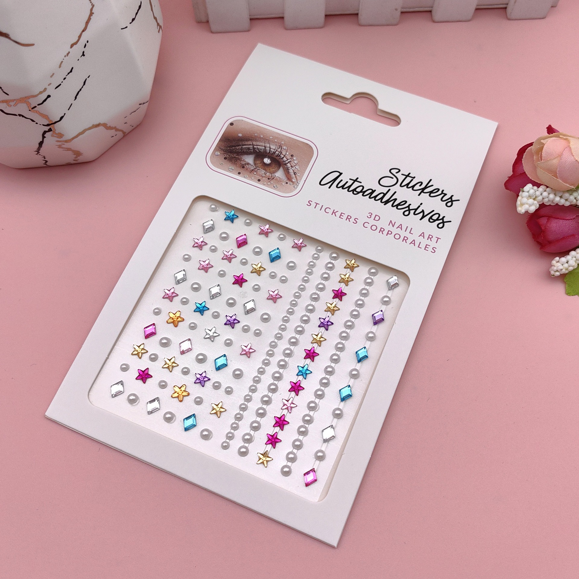 Pegatinas para maquillaje de ojos, pegatinas de diamantes de imitación para ojos, decoración facial, accesorios de maquillaje de perlas para diario, pegatinas de diamantes de imitación para escenario infantil, venta al por mayor en stock.