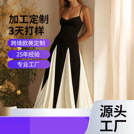 2026春季速卖通欧美女装时尚气质吊带撞色宽松大摆度假收腰连衣裙