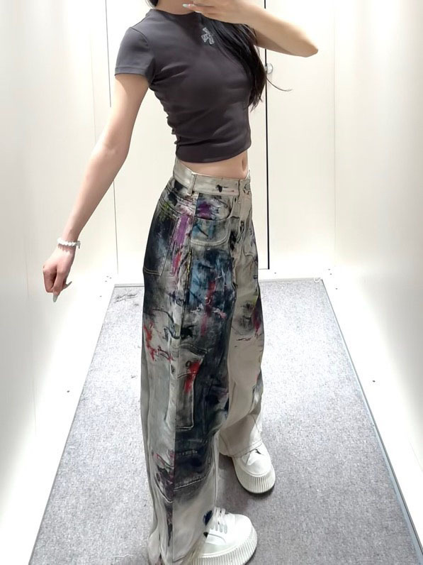 Streetwear Distressed Denim Pants – Oversized High-Waisted Wide-Leg Jeans With 3D Print Graffiti & Splatter Paint Design_ecoleips.com