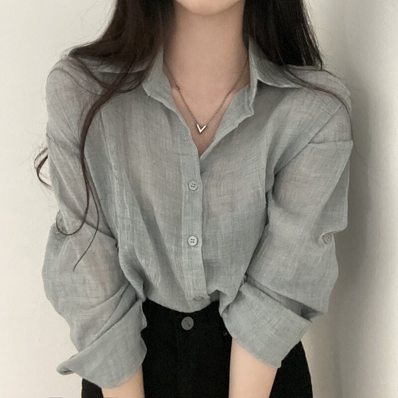 Korean-style 2022 Summer Simple Solid Color Single-breasted Lapel Pleated Long-sleeved Shirt Loose Short Sunscreen Shirt