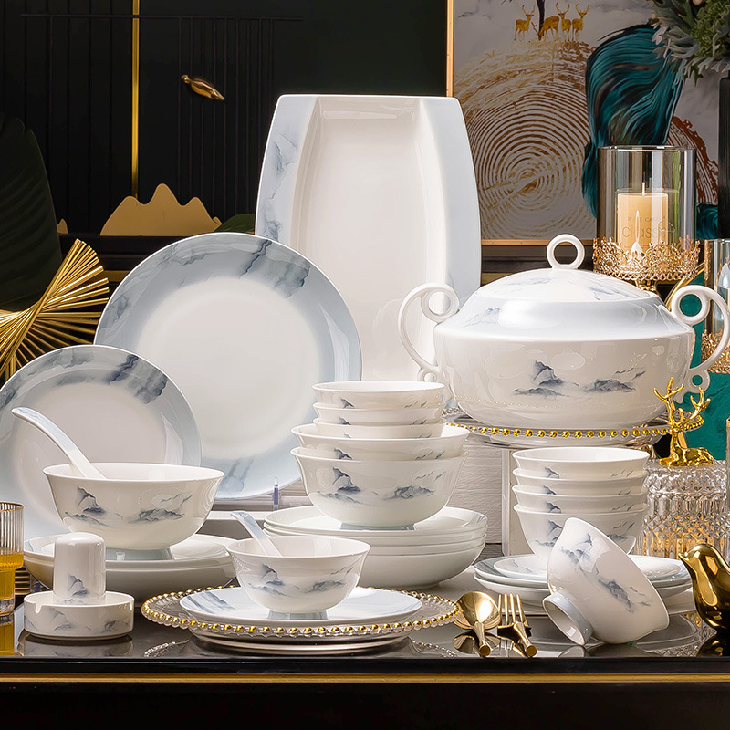 Bone China Tableware Set Jingdezhen Underglaze Blue Bowl and Plate Set Home High-end Plates and Bowls Moving-in Gift Combination