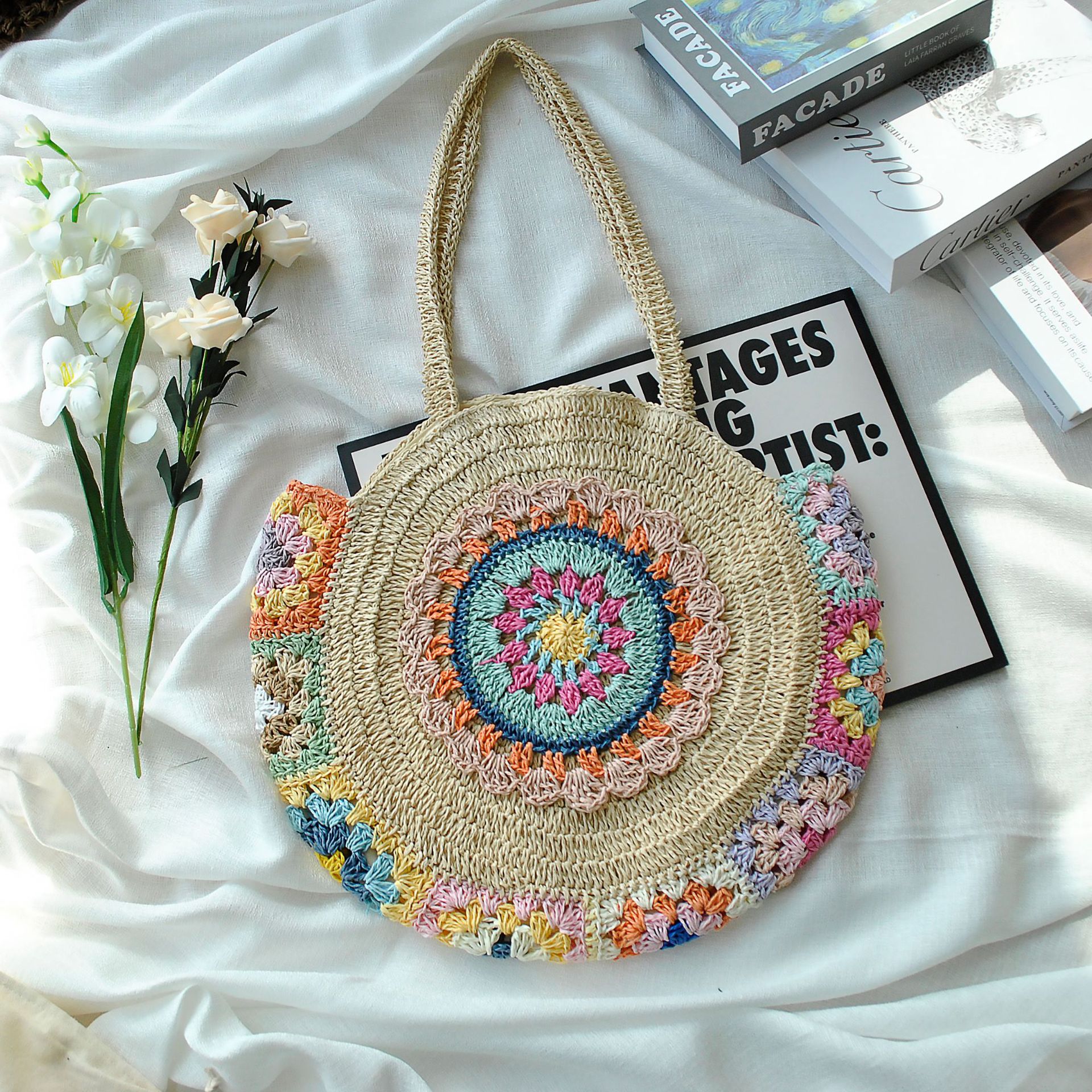 Women's Paper Color Block Flower Vacation Beach Weave Round Zipper Straw KLEIN bag display picture 3