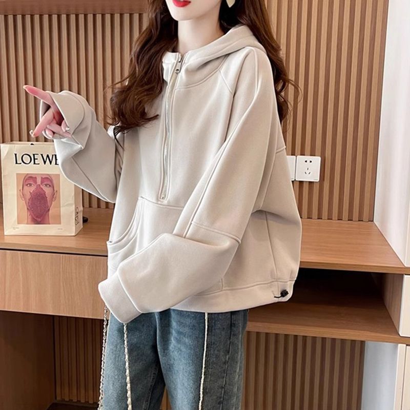 连帽卫衣女2025新款春秋宽松百搭显瘦慵懒风小个子纯色外套上衣潮|undefined