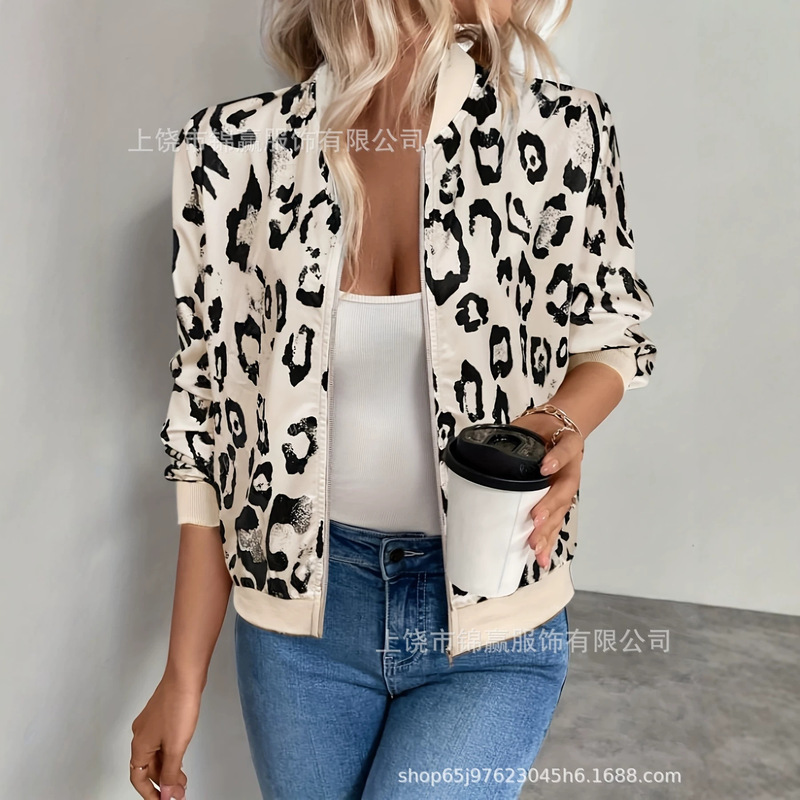 Xiyin cross-border exclusive supply of dreamcatcher feather floral print baseball jacket for women, stand-up collar, zip-up, short jacket, European and American style
