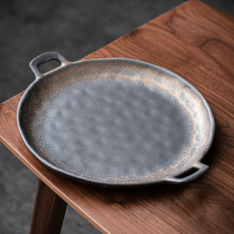 Japanese-style stoneware plate with gold-plated double-Ear oval sashimi plate retro shallow plate household hand-held plate ceramic fruit plate