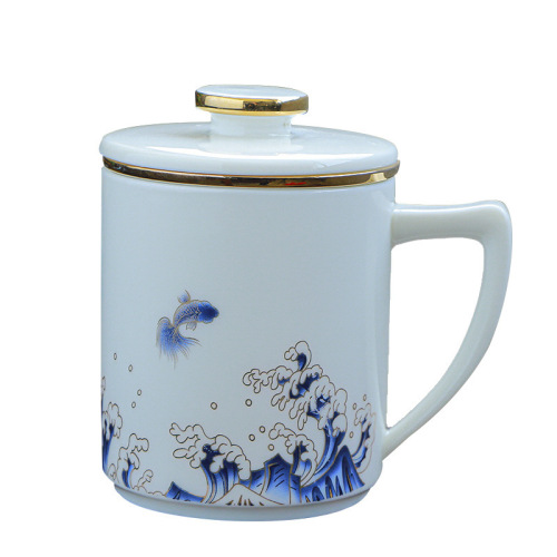 Suet-fat jade white porcelain tea set water cup office cup ocean wave deer mug ceramic office cup with lid painted with gold as a gift