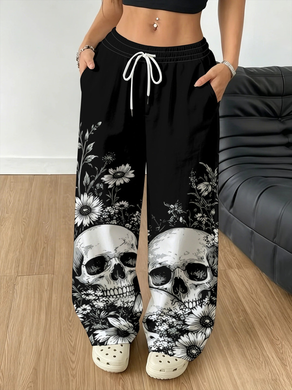 Cross-border European and American street style skull and floral print loose wide-leg casual pants for women, drawstring sports trousers Y2K Cross-border European and American street style skull and floral print loose wide-leg casual pants for women, drawstring sports trousers Y2K