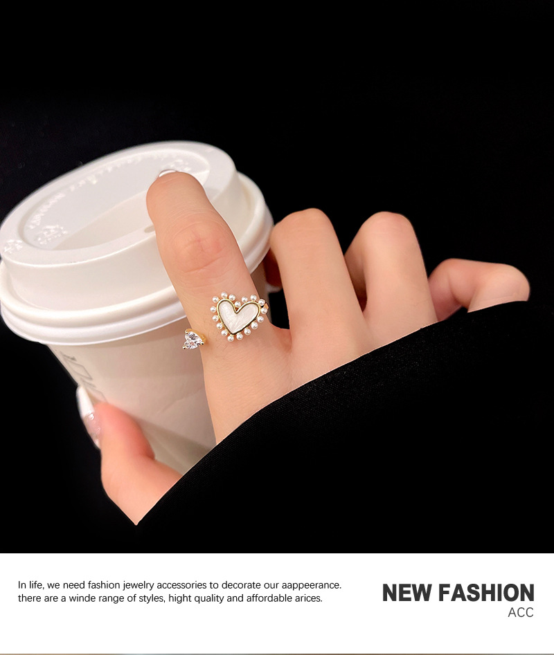 Dongda Simple Fashion Love Heart-shaped Ring Trending Unique Trendy Pearl Ring Elegant Zircon Niche Index Finger Ring display picture 5