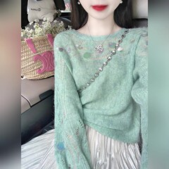 韩系氛围感穿搭薄荷绿上衣女秋季贝壳亮片设计感镂空针织罩衫毛衣