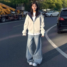 白色重磅双拉炼开衫卫衣男女秋季cleanfit高级感撞色重磅情侣外套