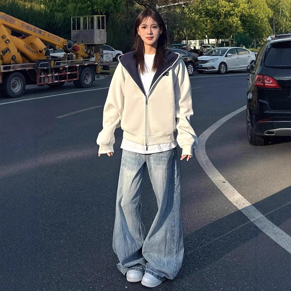 白色重磅双拉炼开衫卫衣男女秋季cleanfit高级感撞色重磅情侣外套