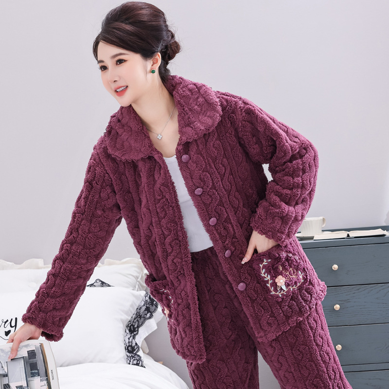 중년 및 노인 어머니를위한 봄 가을과 겨울 산호 양털 잠옷 중년 두꺼운 플란넬 따뜻한 집 옷 세트
