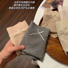秋冬用起毛発熱リブ綿ミッドウエストショーツ、綿100%、抗菌、シームレス、幅広レース、女性用暖かい三角パンツ