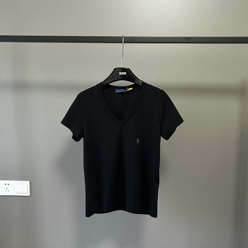 オリジナル品質100綿ラフ小馬標刺繍vネックtシャツ薄い通気性シンプルな女性上着