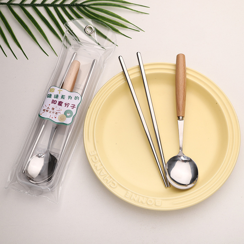 新しい科学者ツーピース食器ステンレス鋼食器箸木製ハンドルスプーン学生女の子ポータブル食器|undefined