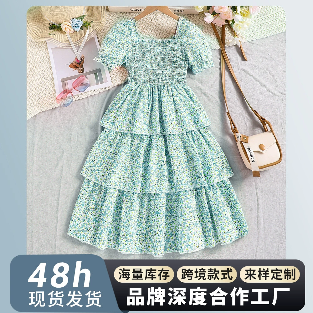 Платье, сарафан, юбка, квадратный вырез, puff sleeves, цветочная вышивка, для подростков