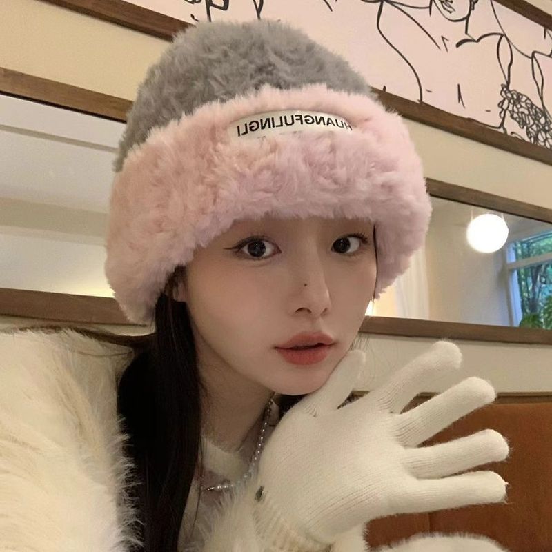 毛线帽女秋冬季百搭针织包头显脸小保暖护耳卷边毛茸茸冷帽大头围|undefined