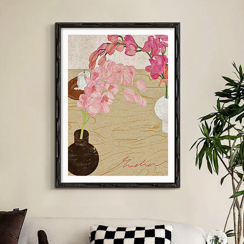 《瓶花》新中式禅意客厅装饰画复古中古风百合花卉餐厅餐边柜摆画|undefined
